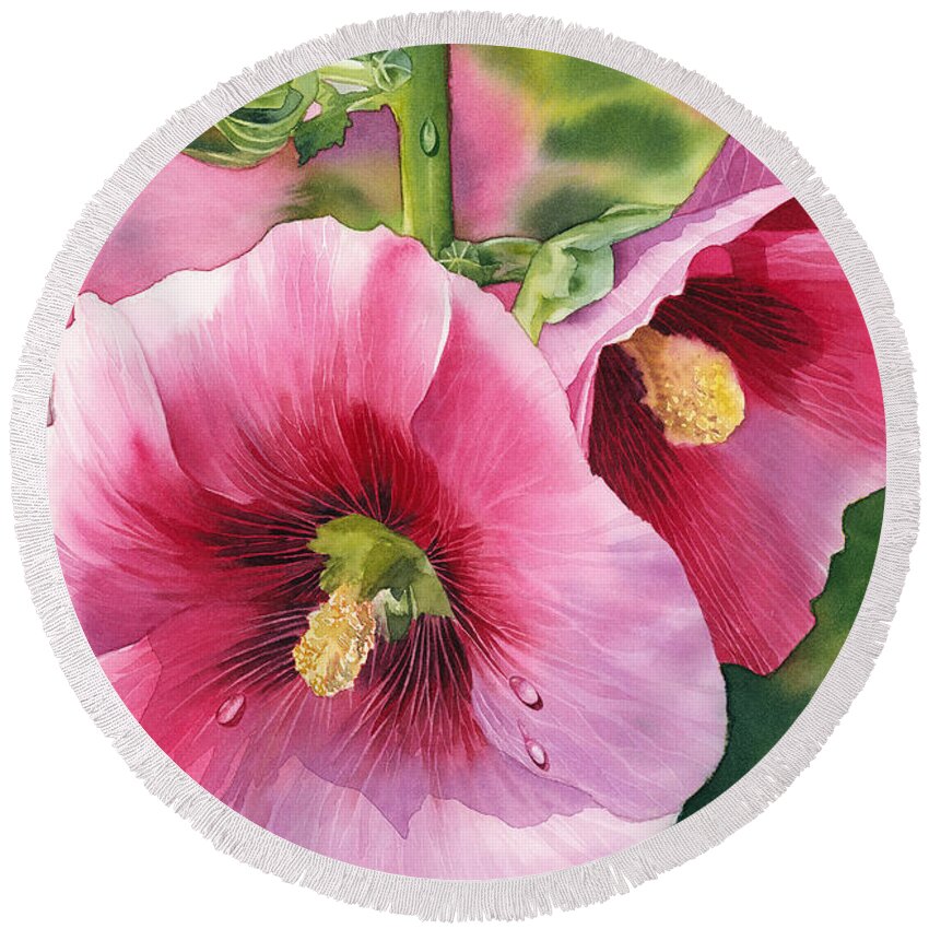 Hollyhock Round Beach Towel featuring the painting Hollyhock by Espero Art