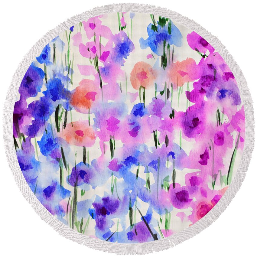 Hollyhocks Round Beach Towel featuring the painting Hollyhocks 2 by Amy Giacomelli