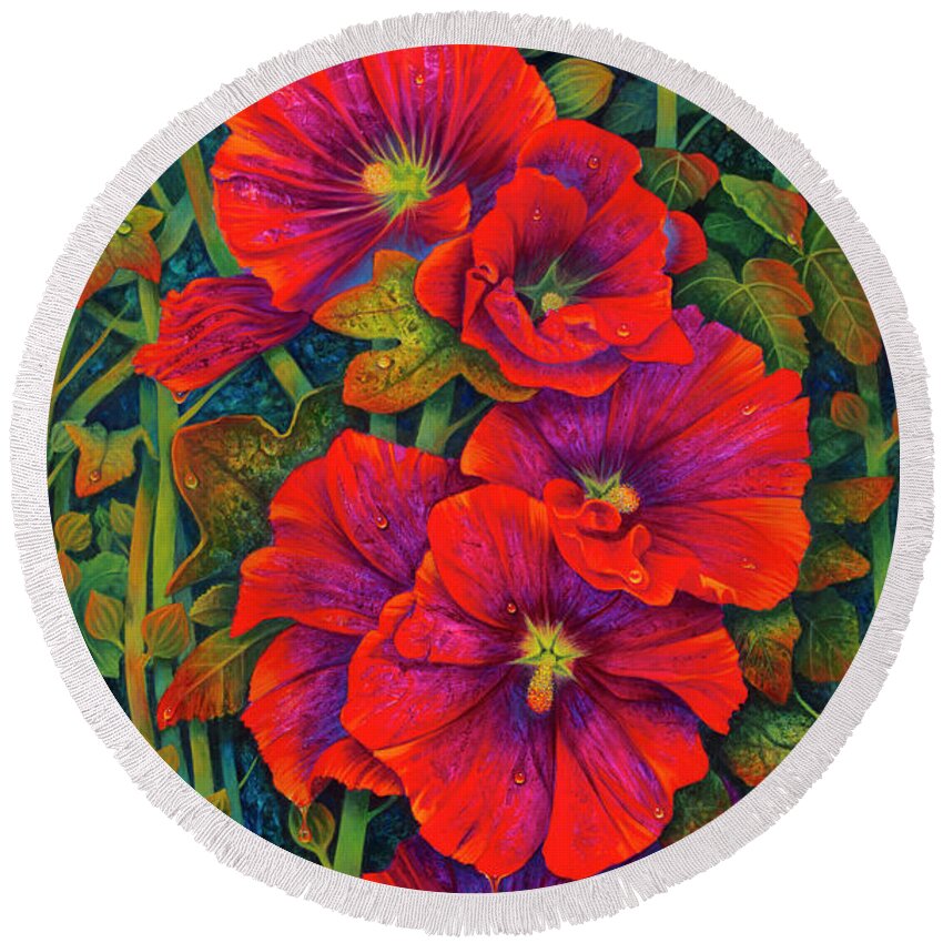 Flowers Round Beach Towel featuring the painting Hollyhocks - 3D by Ricardo Chavez-Mendez