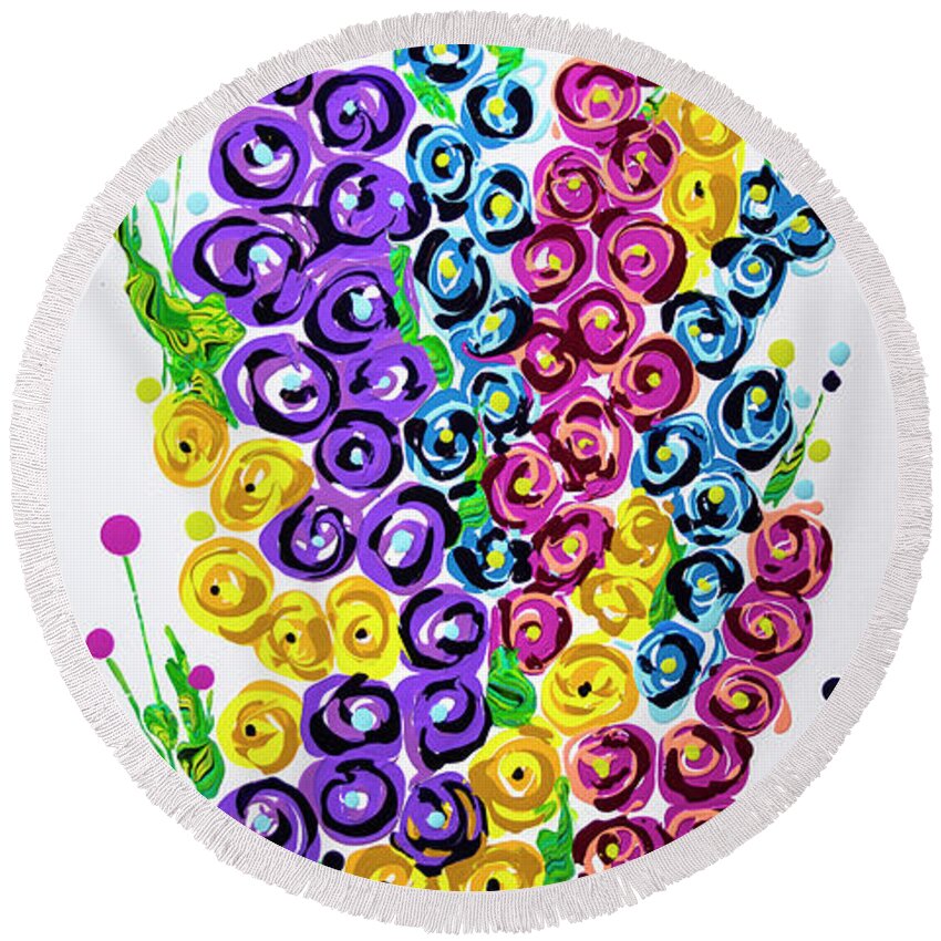 Abstract Flower Painting Round Beach Towel featuring the painting Hollyhocks Blast by Jane Crabtree