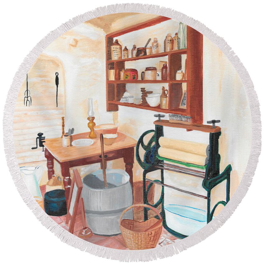 Holy Austin Round Beach Towel featuring the painting Holy Austin kitchen by David Bigelow