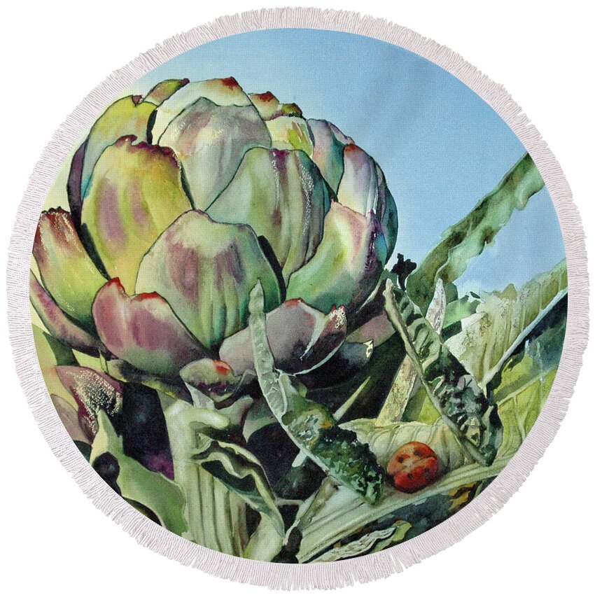 Artichoke Round Beach Towel featuring the painting Holy Chokes by Diane Fujimoto
