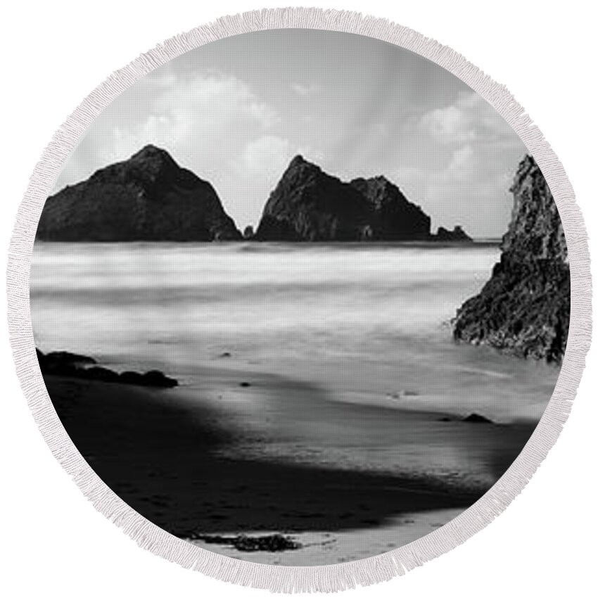 Cornwall Round Beach Towel featuring the photograph Holywell Beach and Gull Rock Cornwall Coast black and white by Sonny Ryse