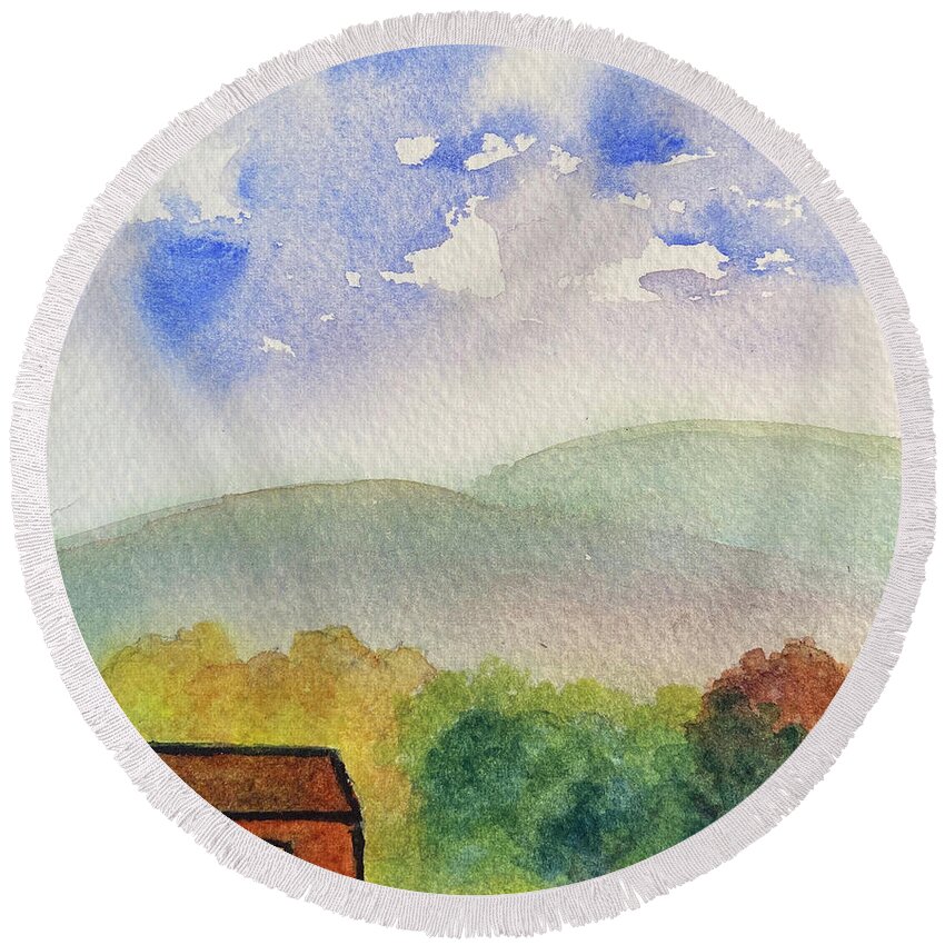 Berkshires Round Beach Towel featuring the painting Home Tucked Into Hill by Anne Katzeff
