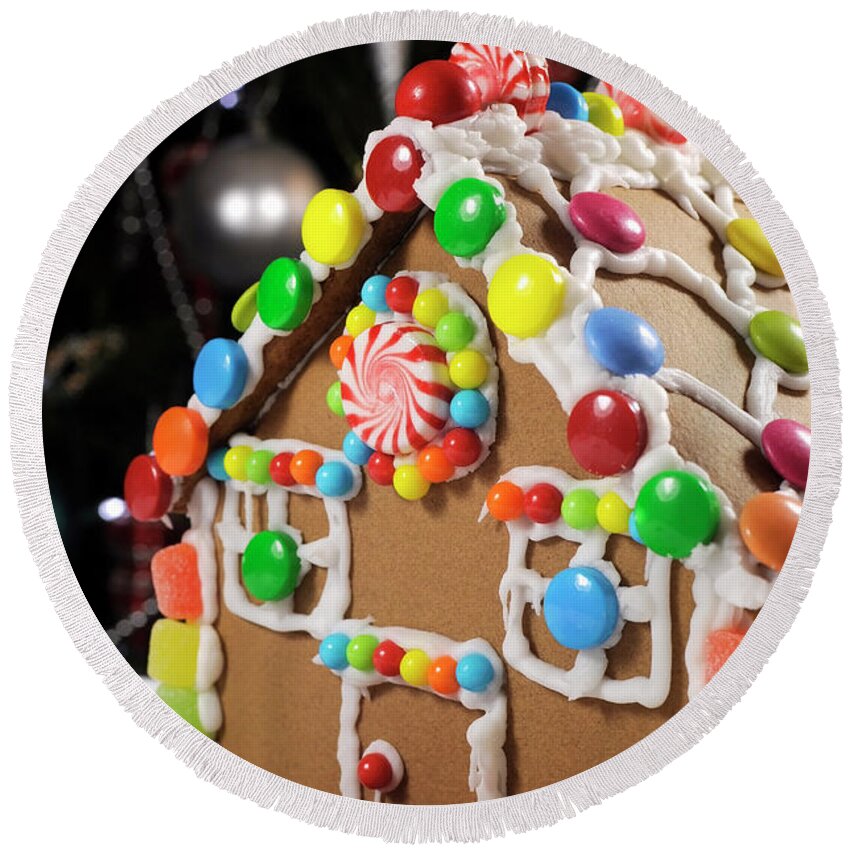Christmas Round Beach Towel featuring the photograph Homemade Gingerbread House by Milleflore Images