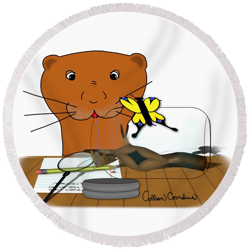 Oliver The Otter Round Beach Towel featuring the digital art Homeschooling Oliver The Otter - The Butterfly by Colleen Cornelius