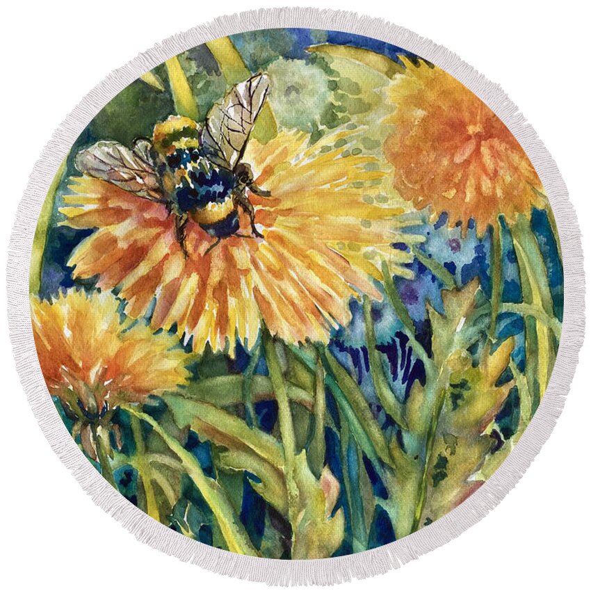  Round Beach Towel featuring the painting Honey Bee and Dandelion by Ann Nicholson