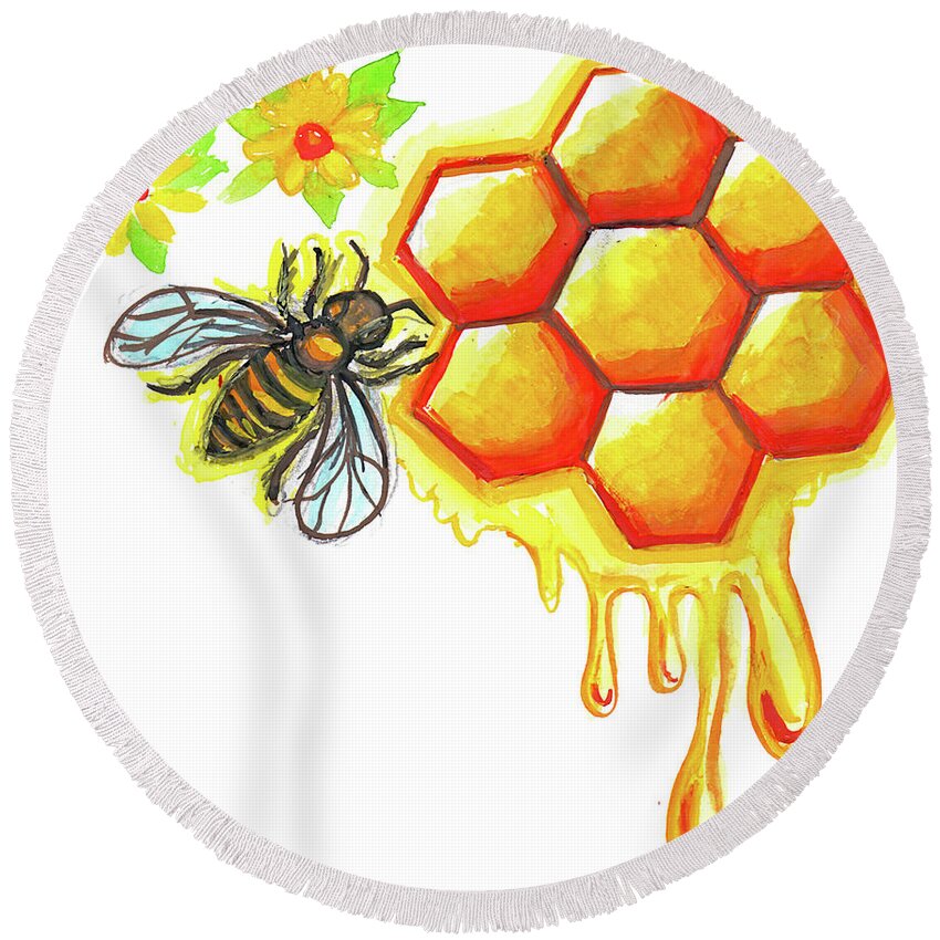 Bee Round Beach Towel featuring the painting Honeycomb Flower With Bee by Genevieve Esson