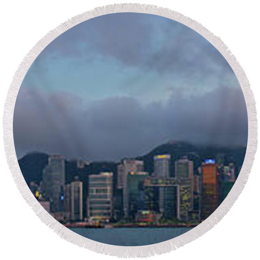 Hong Round Beach Towel featuring the photograph Hong Kong Harbour Sunset Panorama by Sean Hannon
