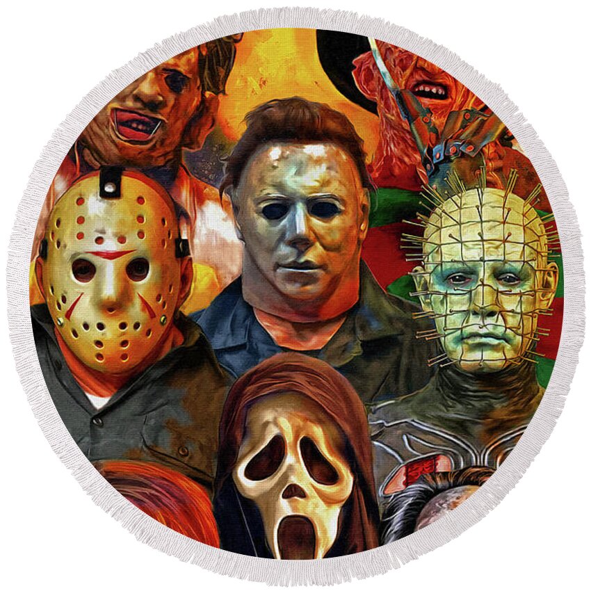 Horror Round Beach Towel featuring the mixed media Horror Movie Icons by Mark Spears