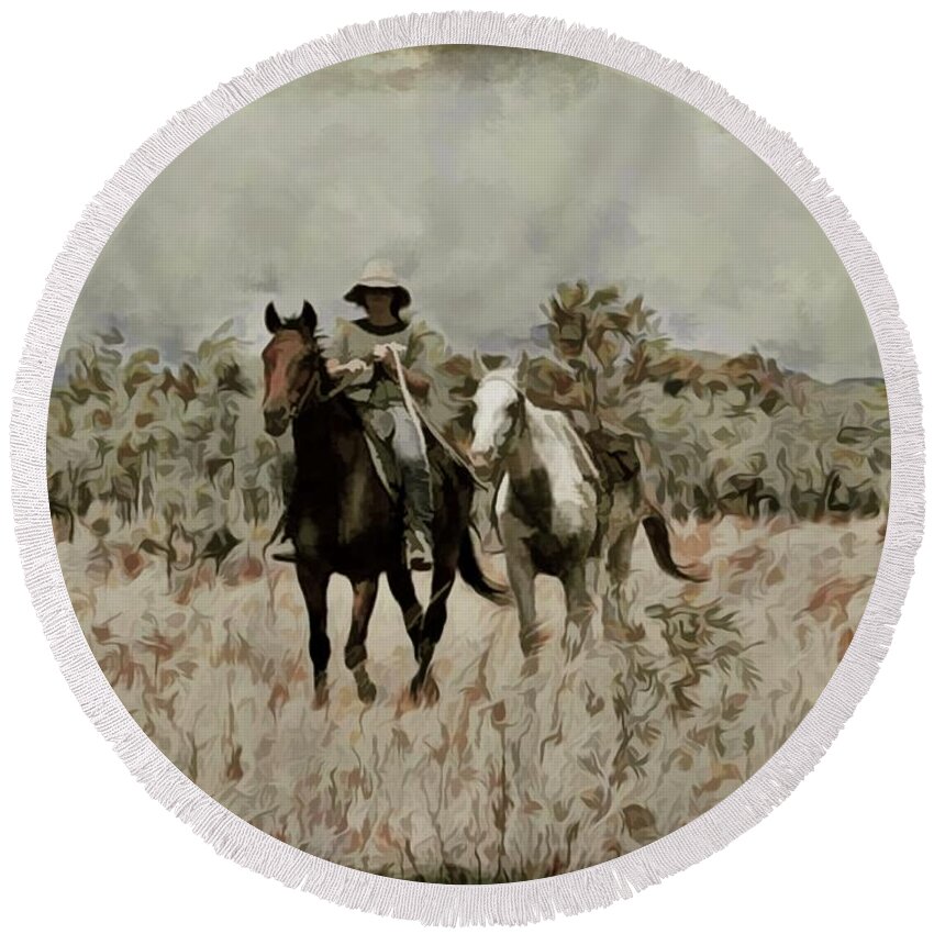 Horse Riding Round Beach Towel featuring the mixed media Horse Power Mustering With A Spare by Joan Stratton