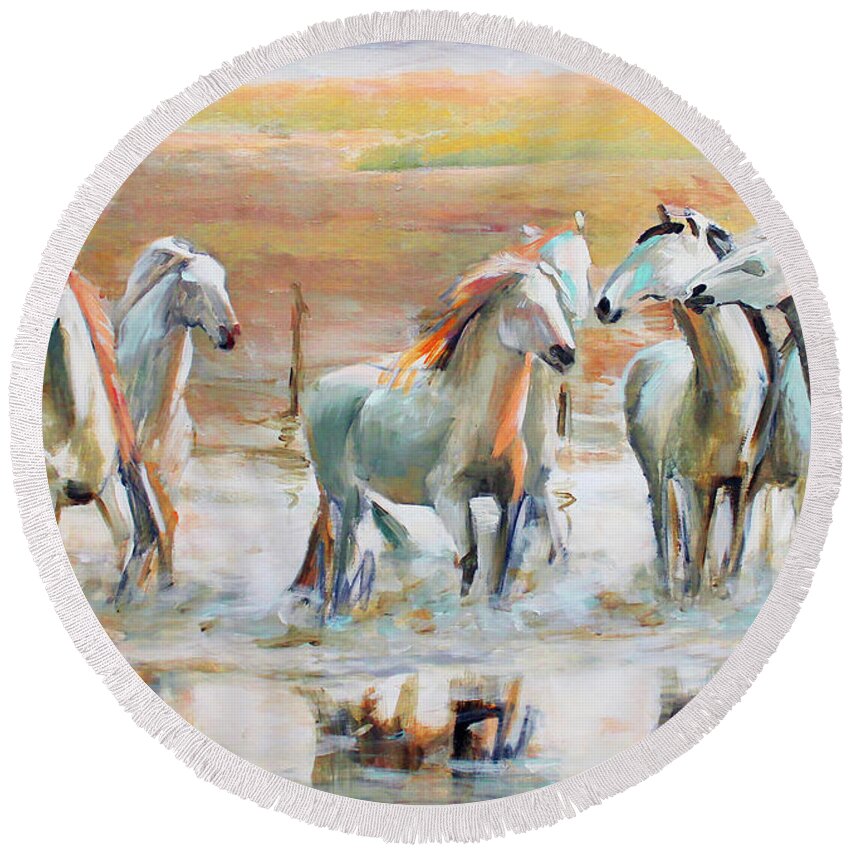 Horse Round Beach Towel featuring the painting Horse reflection by Vali Irina Ciobanu