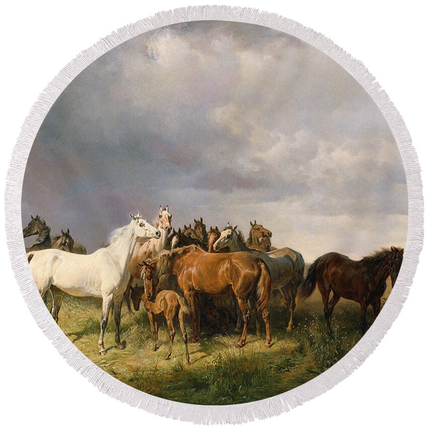 Franz Adam Round Beach Towel featuring the painting Horses in the Puszta by Franz Adam