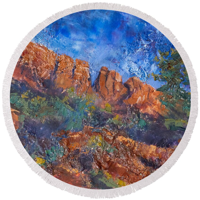 Outdoors Round Beach Towel featuring the painting Horsetooth Sonata by Mary Benke