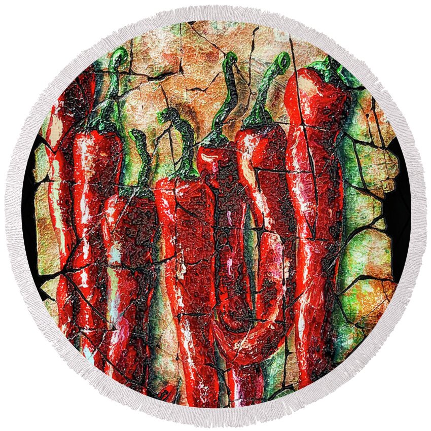  Fresco Round Beach Towel featuring the painting Hot Peppers fresco with Crackled Background by Lena Owens - OLena Art Vibrant Palette Knife and Graphic Design