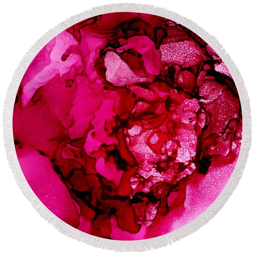 Hot Pink Peony Round Beach Towel featuring the painting Hot Pink Peony by Daniela Easter