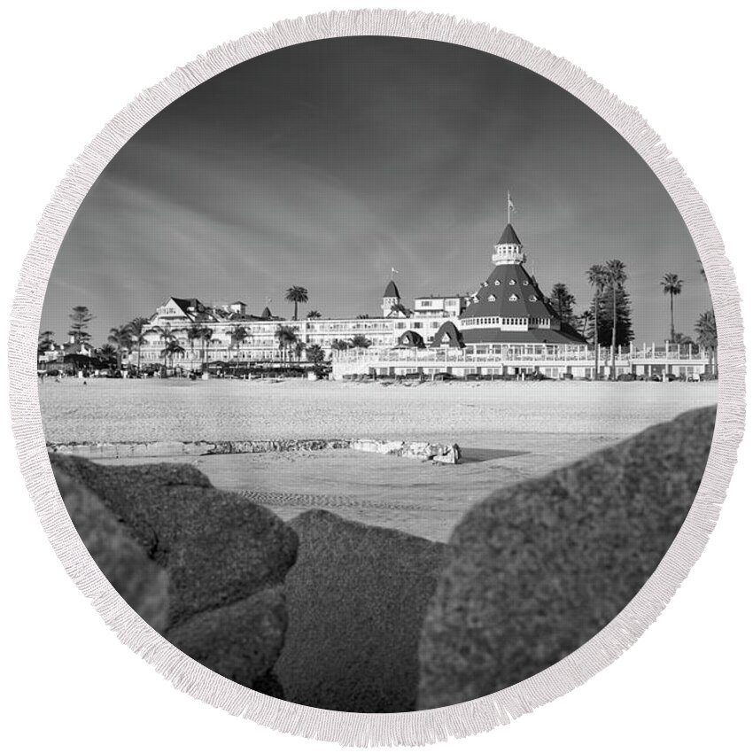 San Diego Round Beach Towel featuring the photograph Hotel Del Coronado and Rocks by William Dunigan