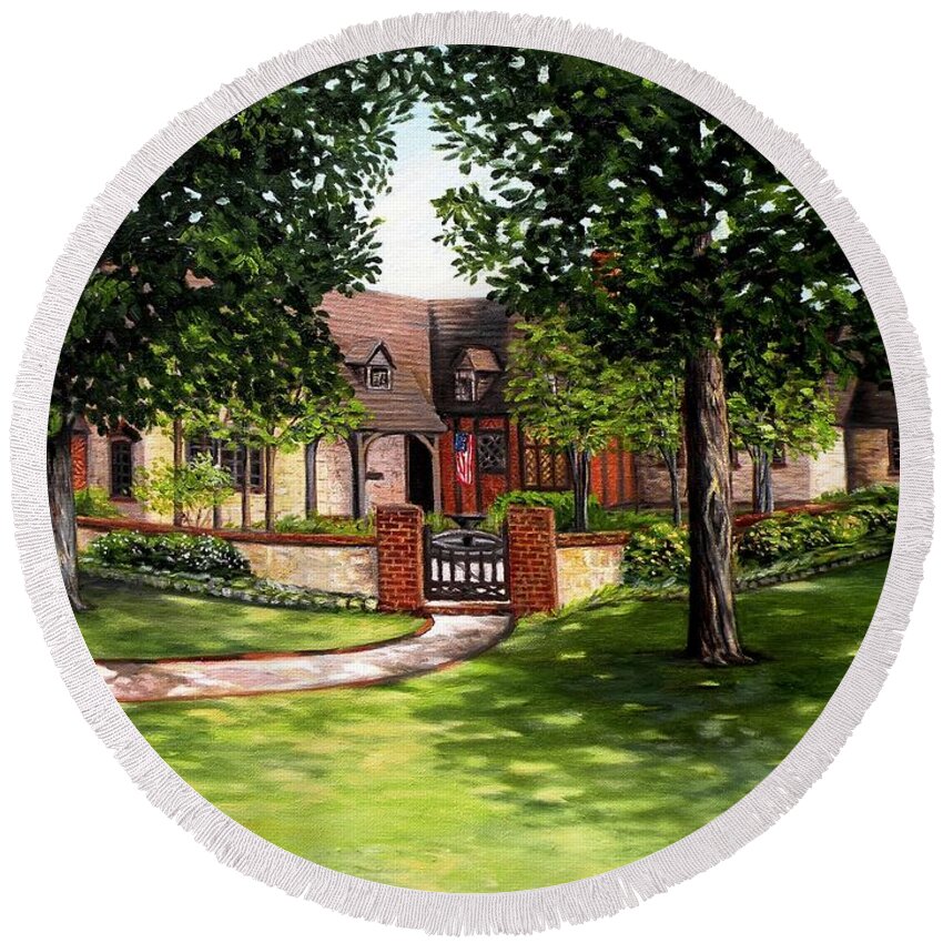 Dallas Round Beach Towel featuring the painting House in Dallas by Eileen Patten Oliver