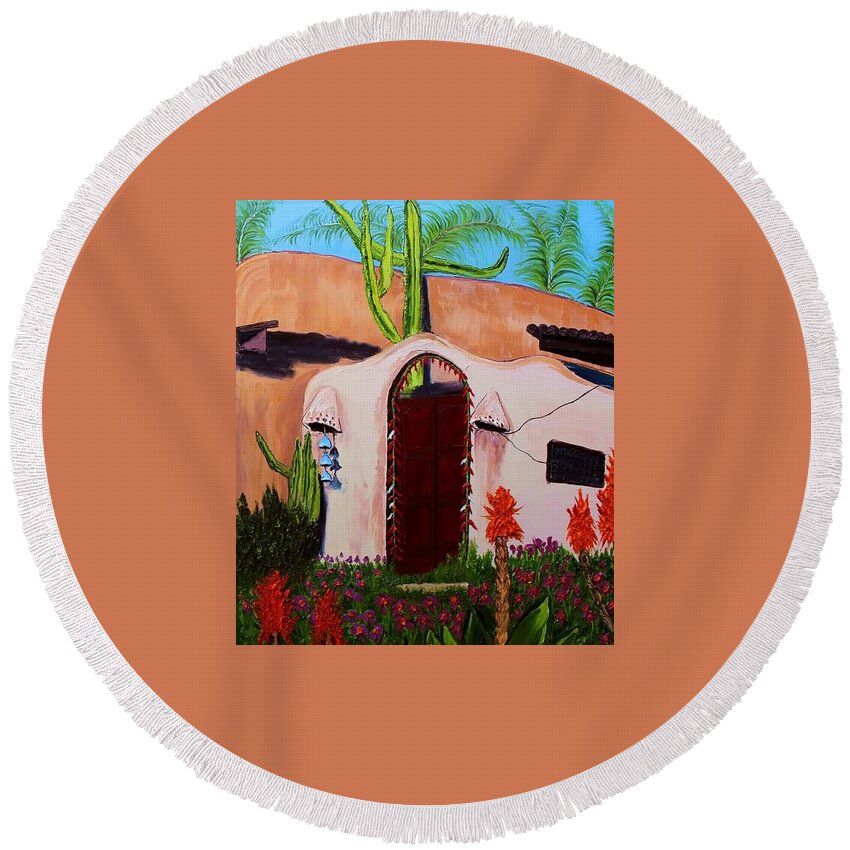 Round Beach Towel featuring the painting House Of New Mexico #1 by James Dunbar