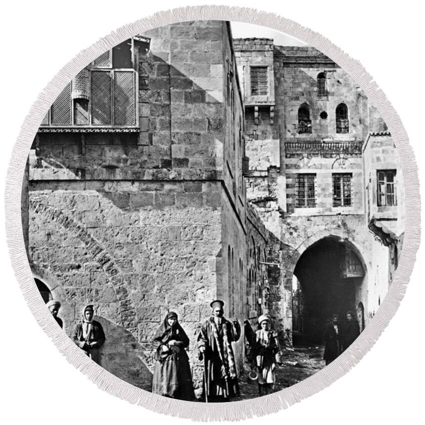 Jerusalem Round Beach Towel featuring the photograph House of the Rich Man in 1910 by Munir Alawi