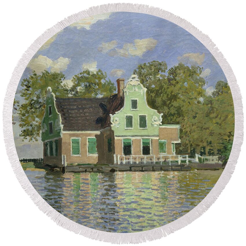 Houses Round Beach Towel featuring the painting Houses by the Bank of the River, from 1871 by Claude Monet