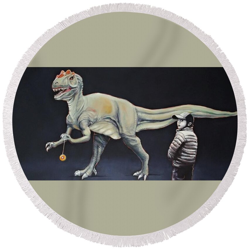 Dinosaur Round Beach Towel featuring the painting How My Brother Lost His Yo-Yo by Jean Cormier
