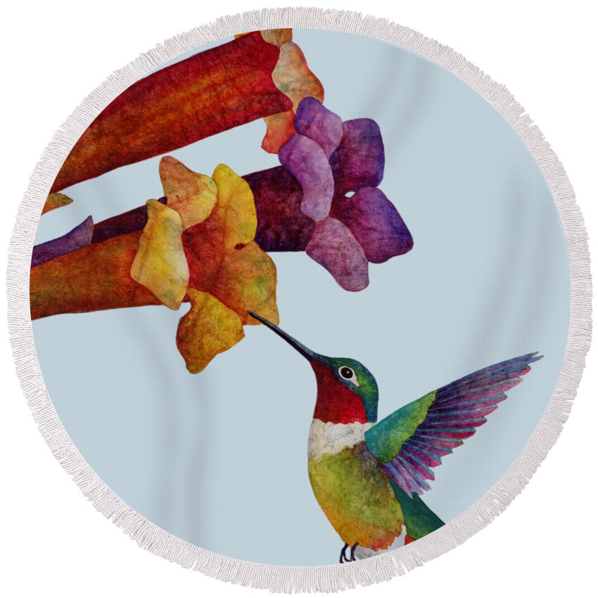 Hummingbird Round Beach Towel featuring the painting Hummer Time - solid background by Hailey E Herrera