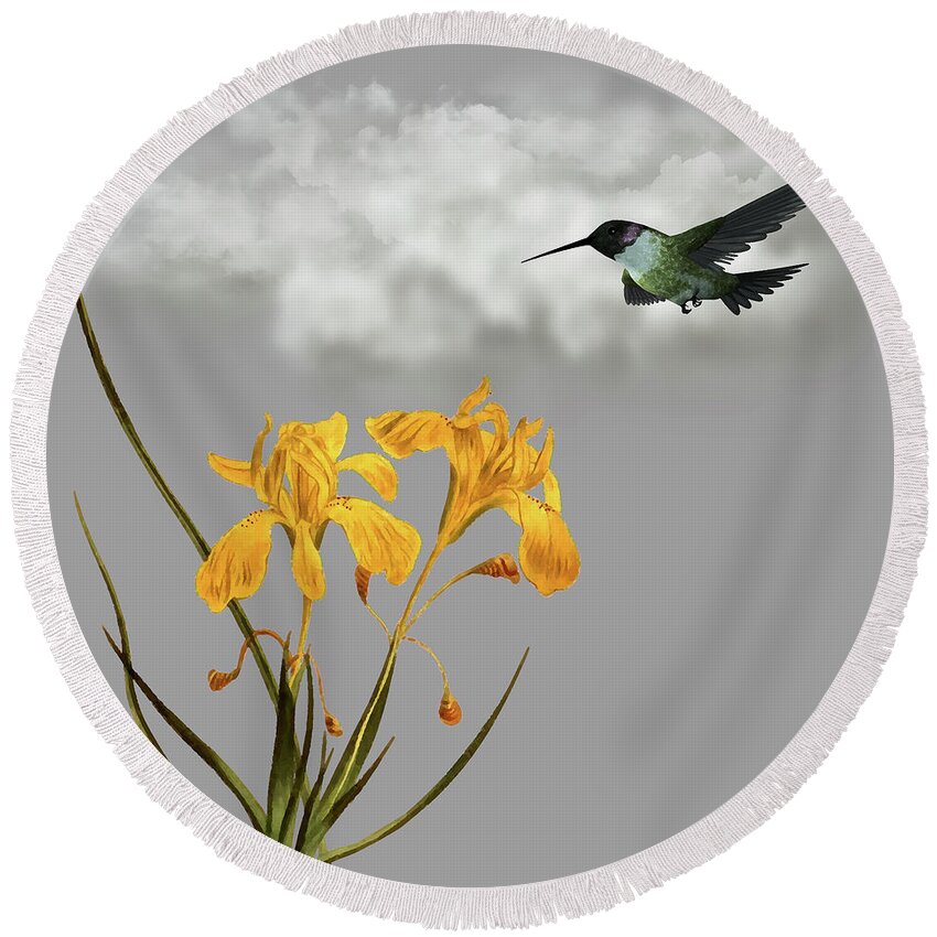 Hummingbird Round Beach Towel featuring the digital art Hummingbird In The Garden Pane 5 by David Dehner