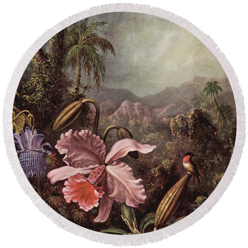 Martin Johnson Heade Round Beach Towel featuring the painting Hummingbird and Orchids by Martin Johnson Heade