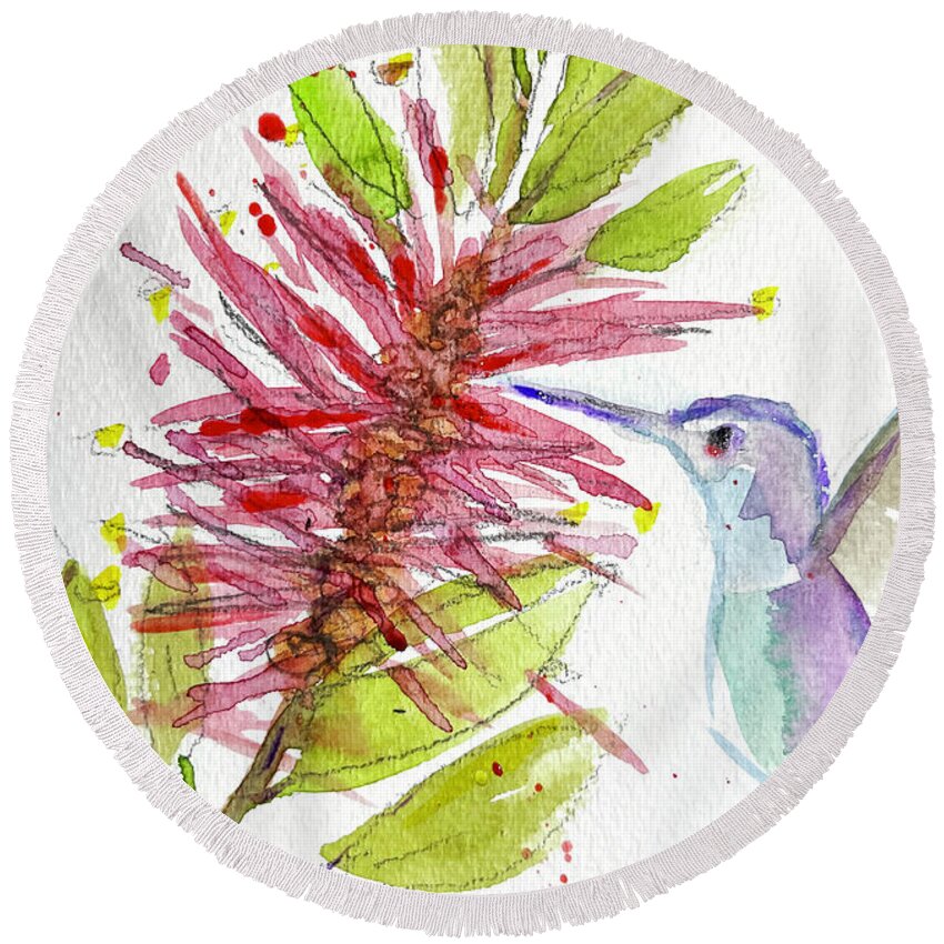 Hummingbird Round Beach Towel featuring the painting Hummingbird by a Bottle Brush by Roxy Rich