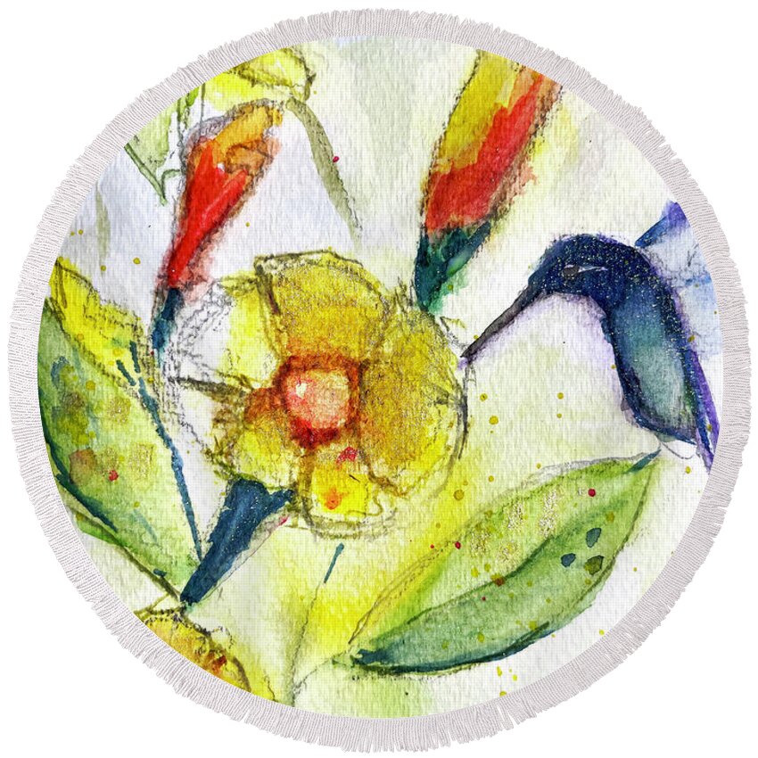 Watercolor Round Beach Towel featuring the painting Hummingbird in the Tube Flowers by Roxy Rich