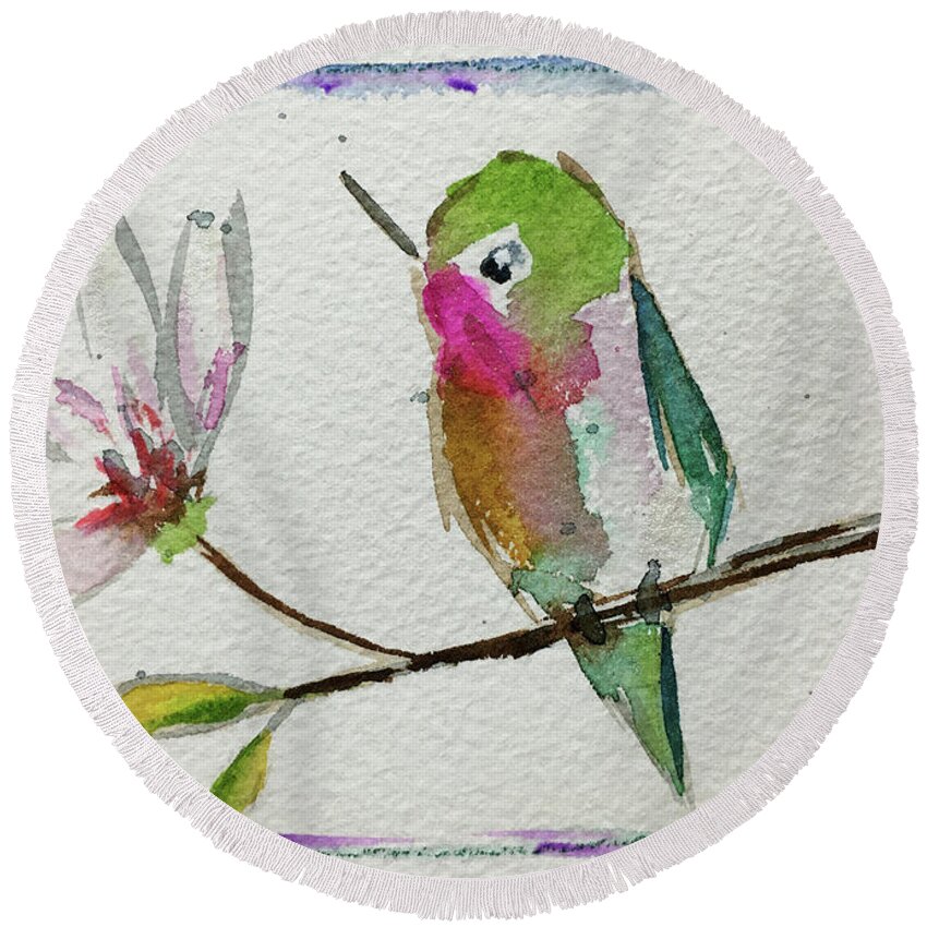 Grand Tit Round Beach Towel featuring the painting Hummingbird with Magnolia Blossom by Roxy Rich