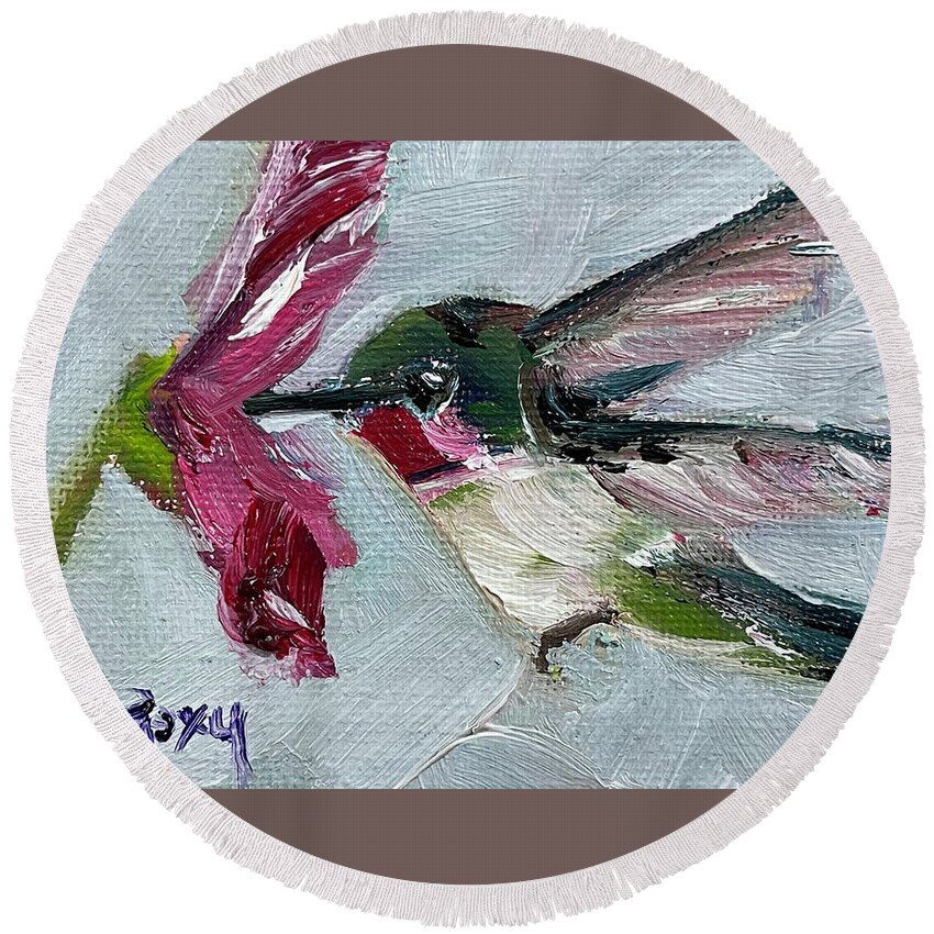 Hummingbird Painting Round Beach Towel featuring the painting Hummingbird with Pink Flower by Roxy Rich