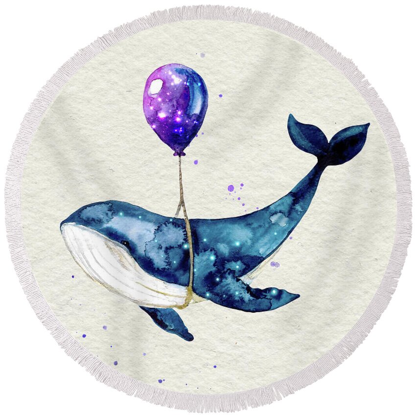 Humpback Whale Round Beach Towel featuring the painting Humpback Whale With Purple Balloon Watercolor Painting by Garden Of Delights