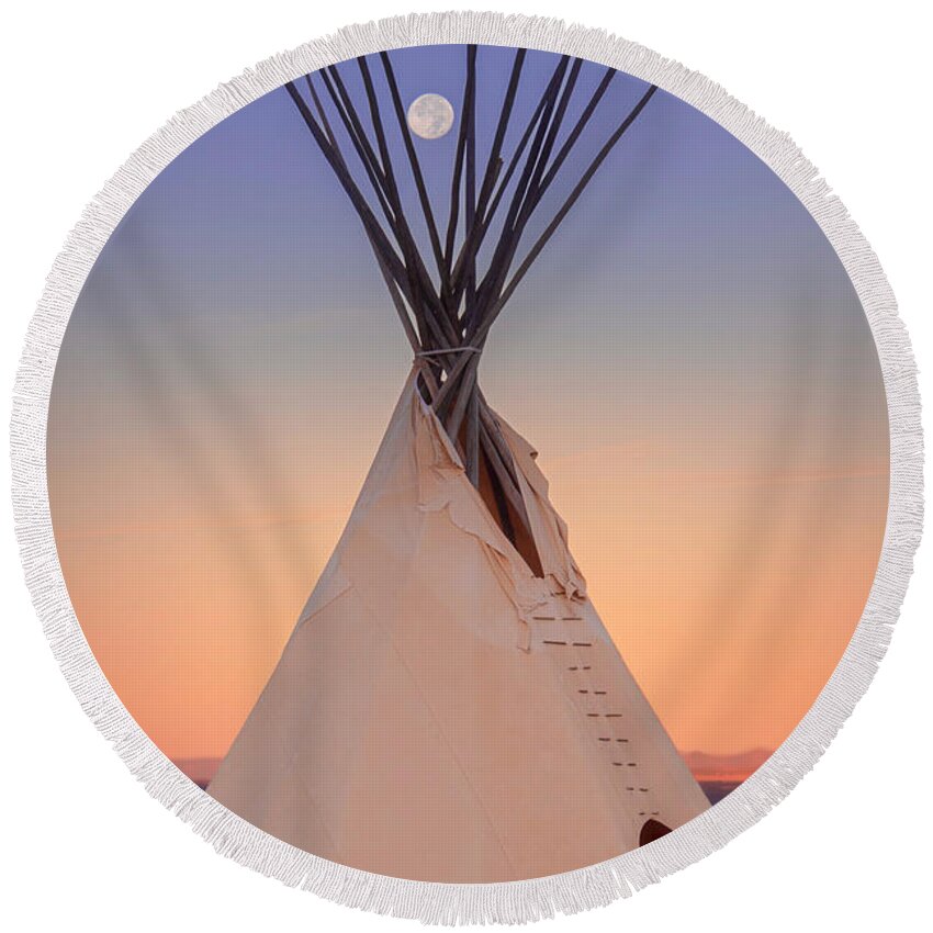 Taos Round Beach Towel featuring the photograph Hunter Moon over white Tipi by Elijah Rael