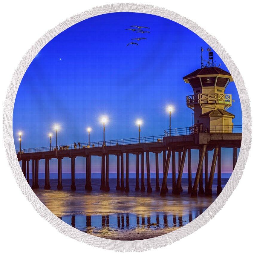 Huntington Beach Round Beach Towel featuring the photograph Huntington Beach Pier Night Moon by David Zanzinger
