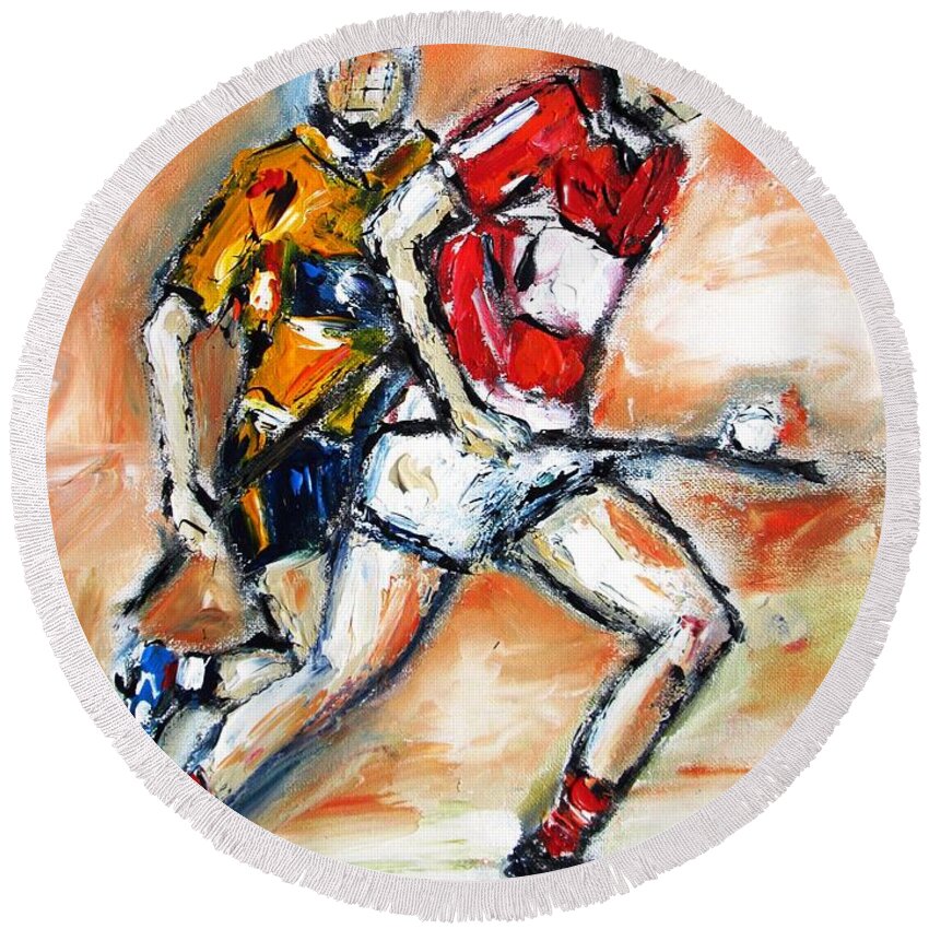 Paintings Of Hurlers Round Beach Towel featuring the painting Hurling Paintings Artwork And Art Prints by Mary Cahalan Lee - aka PIXI