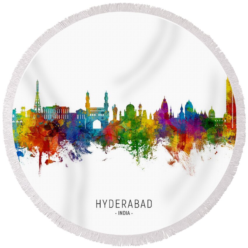 Hyderabad Round Beach Towel featuring the digital art Hyderabad Skyline India #00 by Michael Tompsett