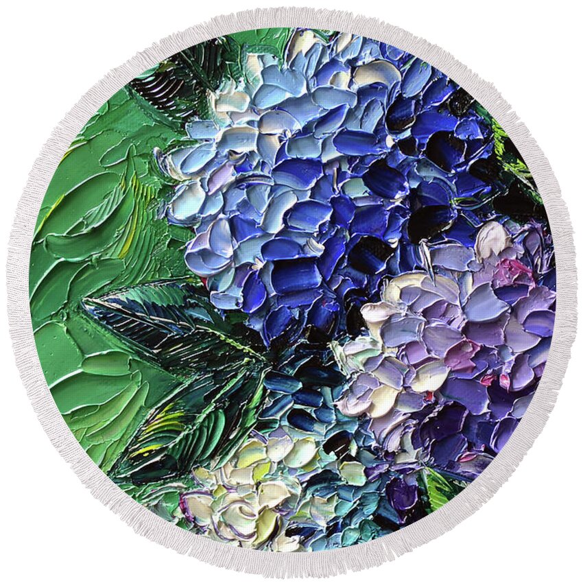 Hydrangeas Round Beach Towel featuring the painting HYDRANGEAS DETAIL 2 textured impressionism oil painting by Mona Edulesco