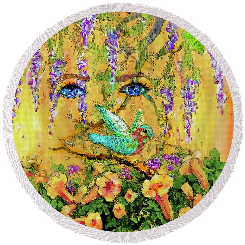 Hummingbird Round Beach Towel featuring the painting I am Watching the Hummingbird by Bonnie Marie