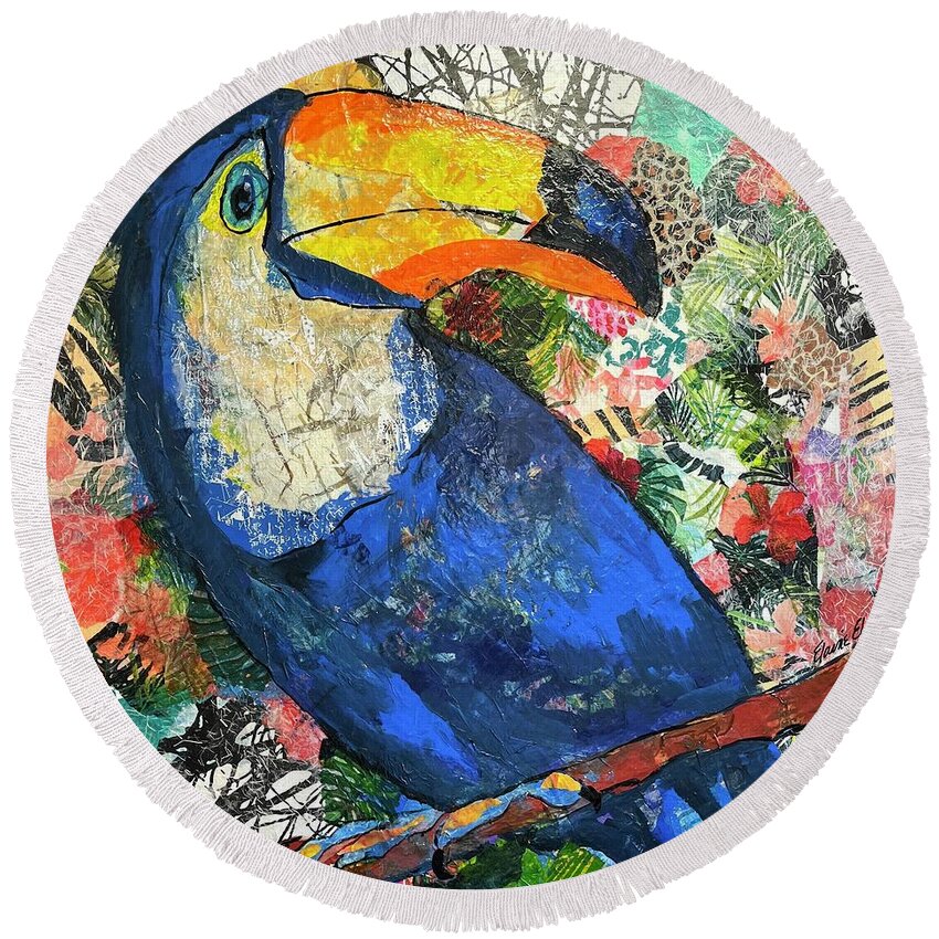 Jungle Birds Round Beach Towel featuring the painting I can, you can, toucan by Elaine Elliott
