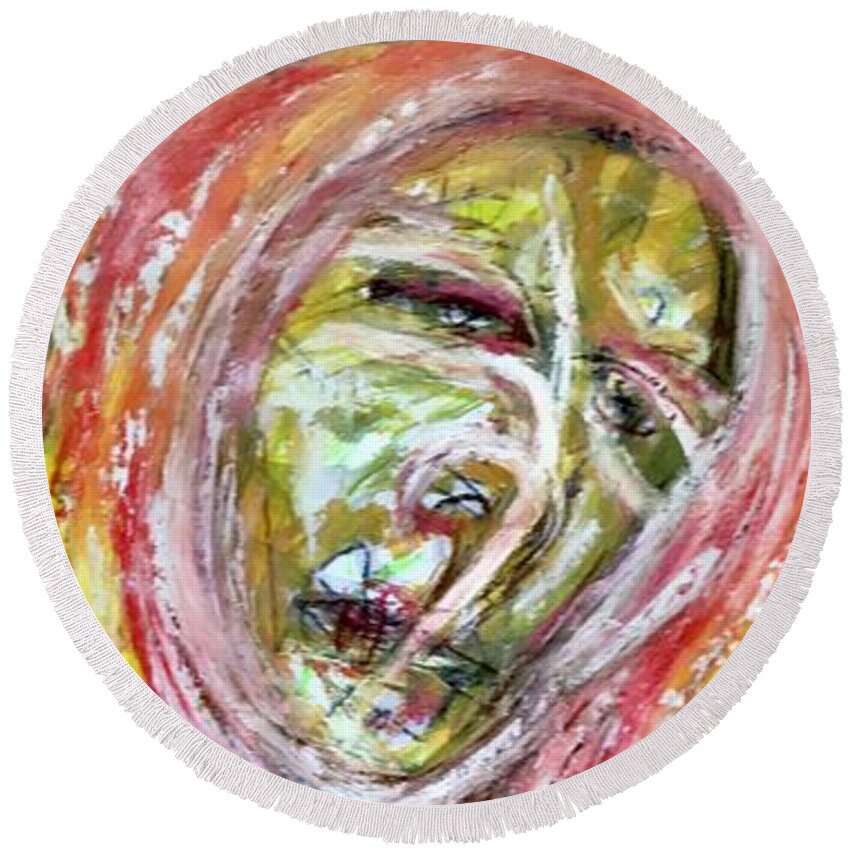 Abstract Round Beach Towel featuring the painting I dont know what to do. by Gustavo Ramirez