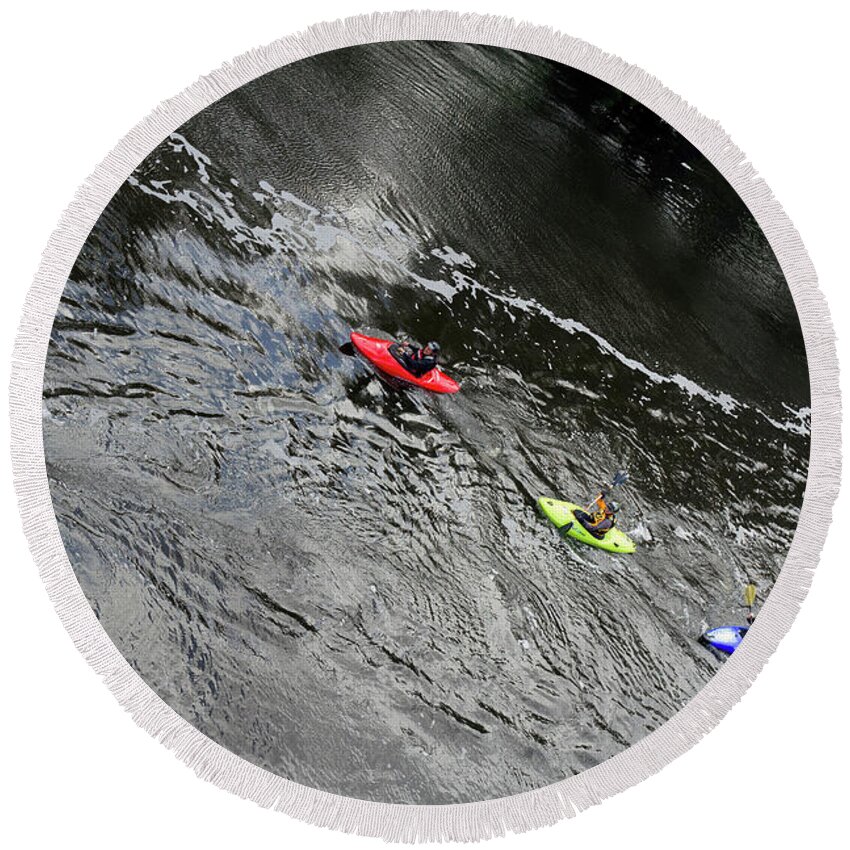 Kayaks Round Beach Towel featuring the photograph I Think we'll go this Way by Elaine Teague