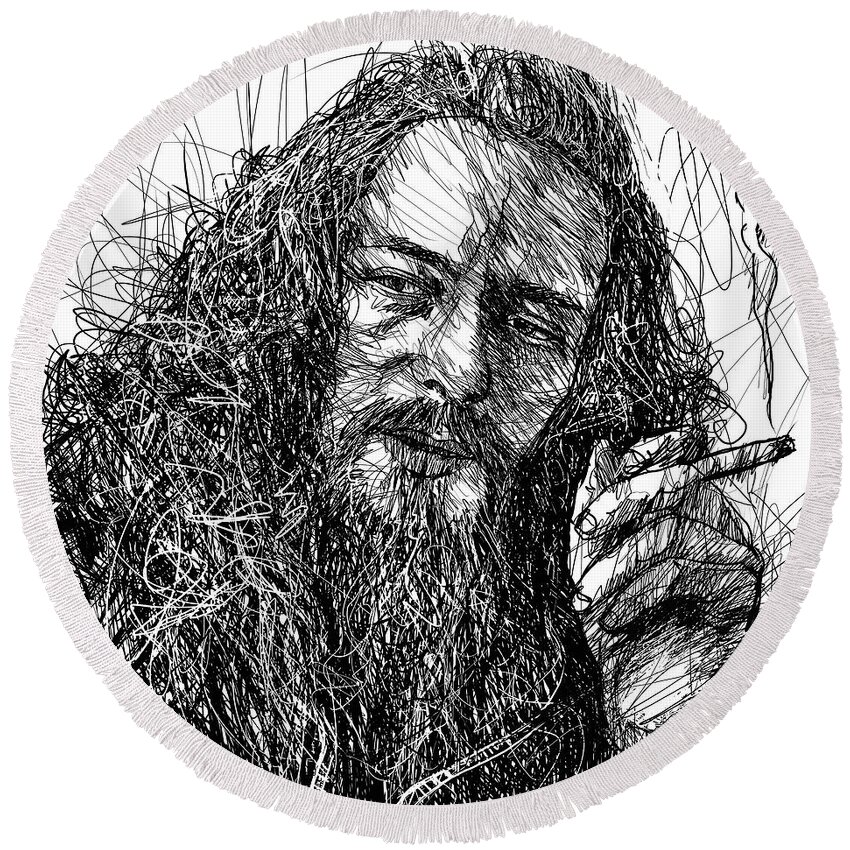 Ian Anderson Round Beach Towel featuring the drawing IAN ANDERSON ink portrait .1 by Fabrizio Cassetta