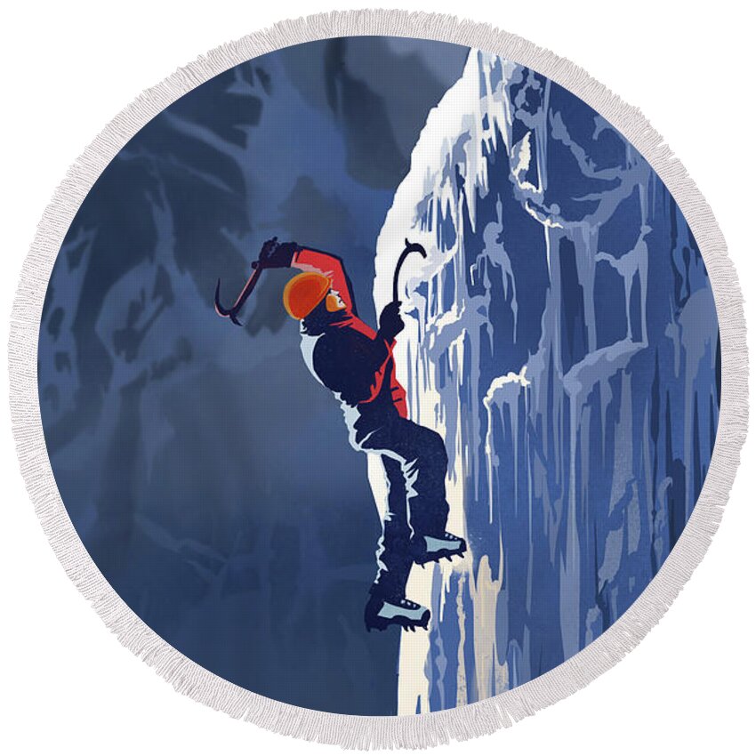 Ice Climbing Round Beach Towel featuring the painting Ice Climber by Sassan Filsoof