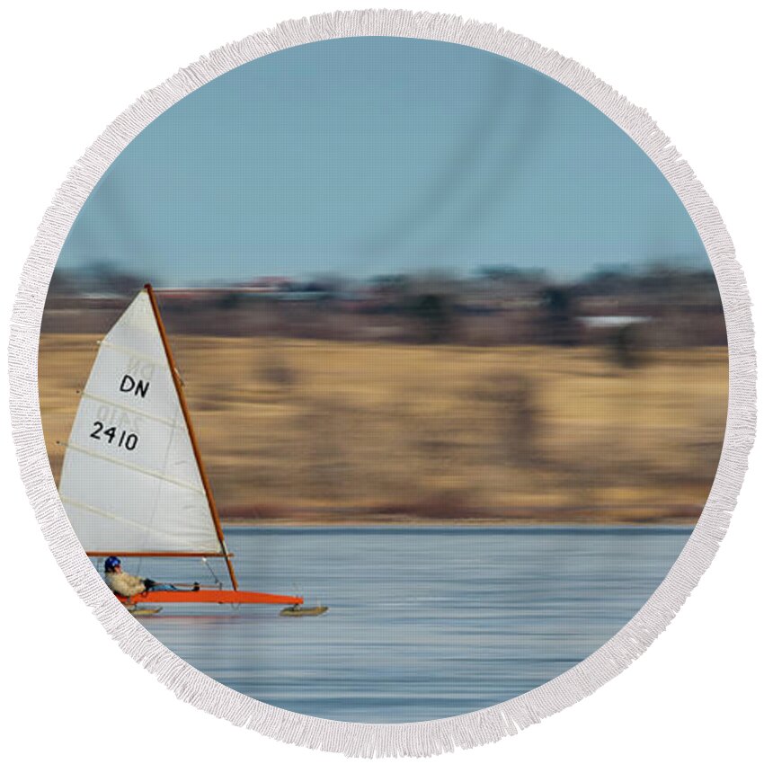 Iceboat Round Beach Towel featuring the photograph Iceboat - color by Stephen Holst