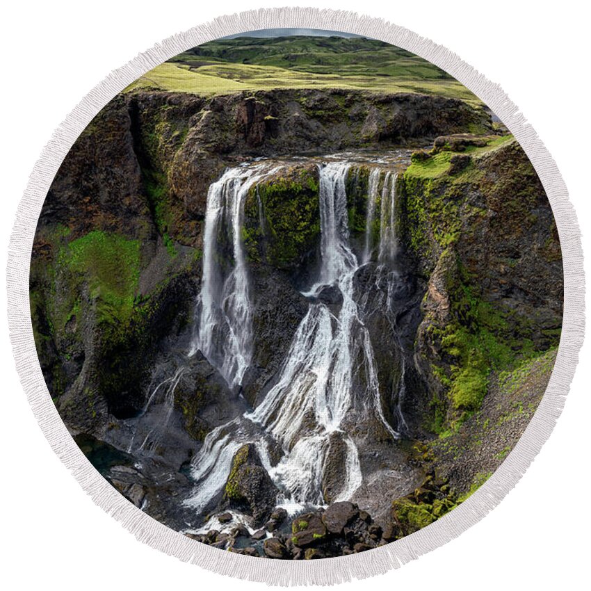 Fagrifoss Round Beach Towel featuring the photograph Iceland - Fagrifoss waterfall near the Lakagigar region by Olivier Parent