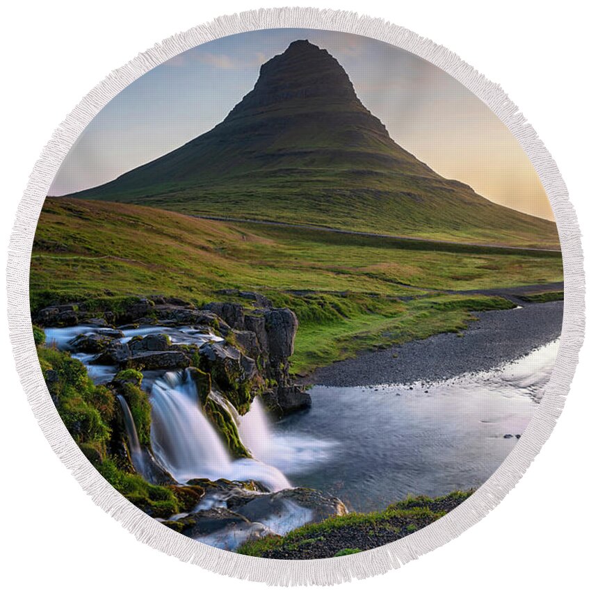 Kirkjufell Round Beach Towel featuring the photograph Iceland - Kirkjufell at sunrise by Olivier Parent