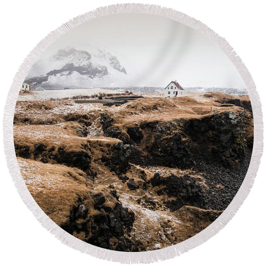 Arnarstapi Round Beach Towel featuring the photograph Lonely house in winter Iceland #1 by Michalakis Ppalis