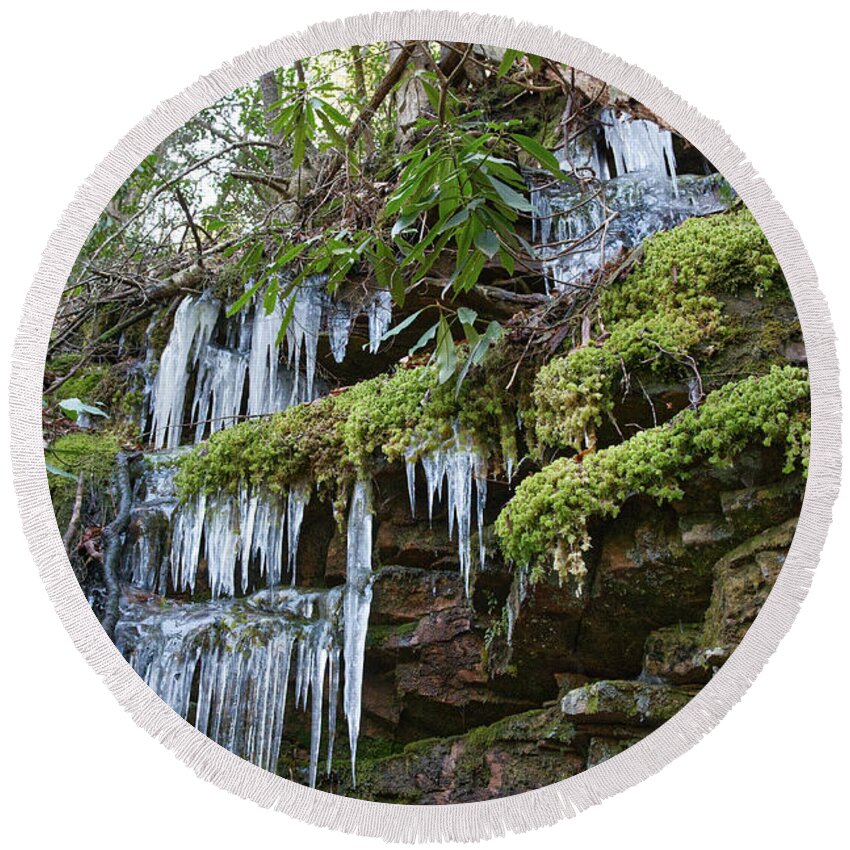 Tennessee Round Beach Towel featuring the photograph Icicles on Gorge Wall by Phil Perkins